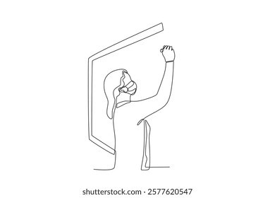 One single line drawing a female teacher teaching using a mask. Medical health care service excellence concept continuous line draw design vector illustration
