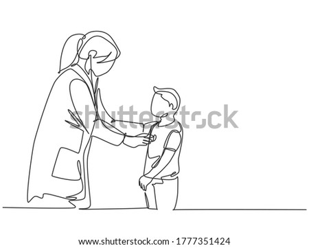 One single line drawing of female pediatric doctor examining heart beat of young boy patient with stethoscope. Trendy medical health care treatment concept continuous line draw design vector illustration
