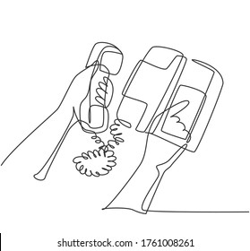Un solo dibujo de línea de gesto con la mano del dedo marca el botón de número de teléfono clásico vintage. Antiguo concepto de teléfono analógico retro. Diseño gráfico de dibujo de línea continua de moda