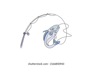 One single line drawing of fisherman club and fishing lover competition logo icon symbol vector illustration graphic. Holiday traveling for fishing hobby concept. Modern continuous line draw design