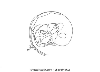 One single line drawing of fishing club lover and fisherman logo icon symbol vector graphic illustration. Holiday traveling for fishing hobby concept. Modern continuous line draw design