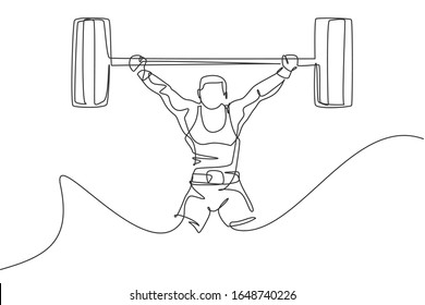 One single line drawing of fit young athlete muscular man lifting barbells working out at a gym vector illustration. Weightlifter preparing for training concept. Modern continuous line draw design