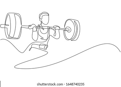 One single line drawing of fit young athlete muscular man lifting barbells working out at a gym vector illustration. Weightlifter preparing for training concept. Modern continuous line draw design