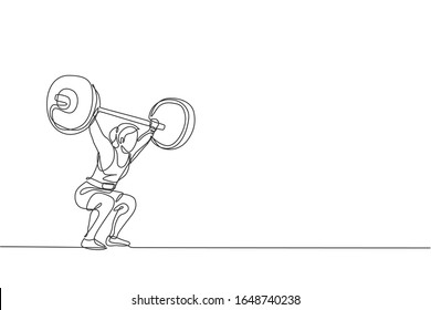 One single line drawing of fit young athlete muscular woman lifting barbells working out at a gym vector illustration. Weightlifter preparing for training concept. Modern continuous line draw design