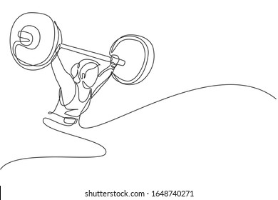 One single line drawing of fit young athlete muscular woman lifting barbells working out at a gym vector illustration. Weightlifter preparing for training concept. Modern continuous line draw design