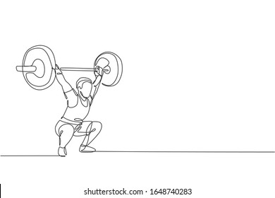 One single line drawing of fit young athlete muscular man lifting barbells working out at a gym vector illustration. Weightlifter preparing for training concept. Modern continuous line draw design