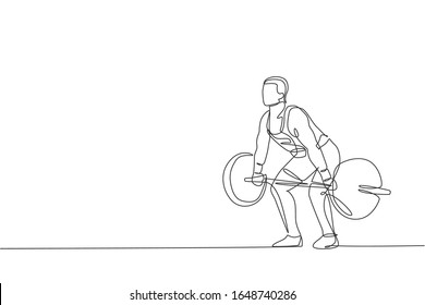 One single line drawing of fit young athlete muscular man lifting barbells working out at a gym vector illustration. Weightlifter preparing for training concept. Modern continuous line draw design