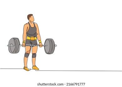 One single line drawing of fit young athlete muscular man lifting barbells working out at a gym vector illustration. Weightlifter preparing for training concept. Modern continuous line draw design