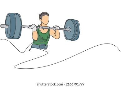 One single line drawing of fit young athlete muscular man lifting barbells working out at a gym vector illustration. Weightlifter preparing for training concept. Modern continuous line draw design