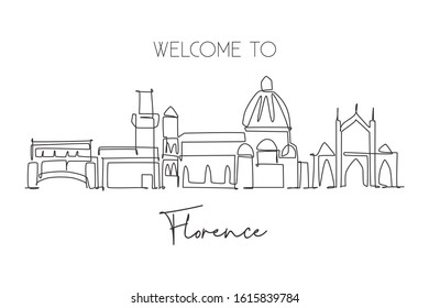 One single line drawing of Florence city skyline, Italy. Historical skyscraper landscape in world. Best holiday destination wall decor poster. Trendy continuous line draw design vector illustration