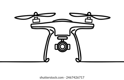 One single line drawing of flying drone airplane, unmanned plane vector graphic illustration. Modern air gadget for videography concept.