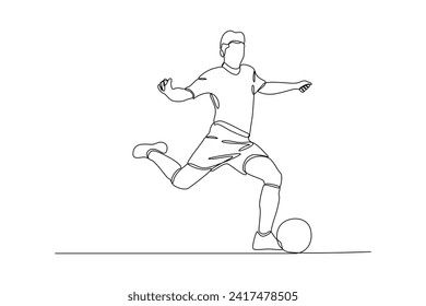 One single line drawing of football player is kicking the ball, graphic vector illustration. Sport training concept. Modern continuous line draw design for sport tournament banner and poster