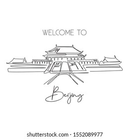 One single line drawing Forbidden City landmark. World iconic place in Beijing China. Tourism travel postcard home art wall decor poster concept. Modern continuous line draw design vector illustration