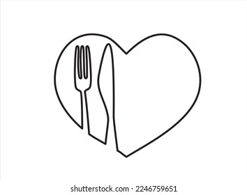 One single line drawing of  fork spoon and heart icon. food restaurant sign. love food symbol