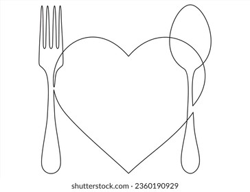 One single line drawing of fork spoon and heart icon. food restaurant sign. love food symbol