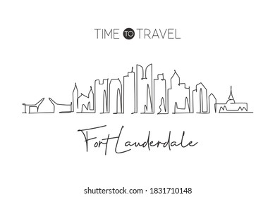 One single line drawing Fort Lauderdale city skyline Florida. World historical town landscape. Best holiday destination postcard. Editable stroke trendy continuous line draw design vector illustration