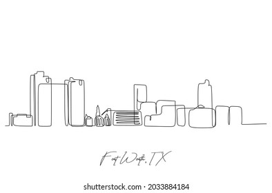 One single line drawing of Fort Wort skyline, United States. Historical town landscape in the world. Best holiday destination. Editable stroke trendy continuous line draw design vector illustration