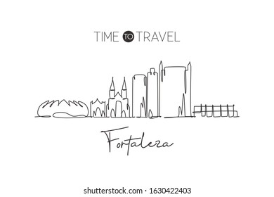 One single line drawing Fortaleza city skyline, Brazil. World historical town landscape postcard. Best holiday place destination. Editable stroke trendy continuous line draw design vector illustration