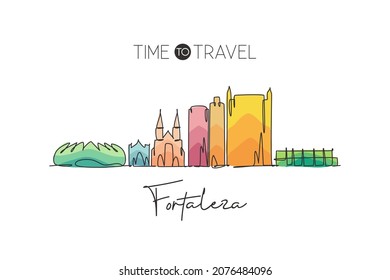 Una sola línea dibujando el horizonte de Fortaleza, Brasil. Postal del paisaje de la ciudad histórica mundial. Mejor destino vacacional. Dibujo de línea continua de trazo editable ilustración vectorial