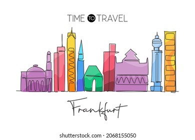 One Single Line Drawing Frankfurt City Skyline, Germany. Historical Skyscraper Landscape In World. Best Holiday Wall Decor Poster Destination. Trendy Continuous Line Draw Design Vector Illustration