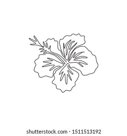 One single line drawing of fresh beauty hibiscus for garden logo. Printable decorative rose mallow flower concept wall home decor poster. Modern continuous line graphic draw design vector illustration