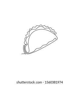 One single line drawing of fresh Mexican taco logo vector graphic illustration. Fast food cafe menu and Mexico restaurant badge concept. Modern continuous line draw design street food logotype