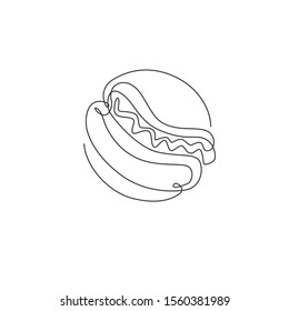 One single line drawing of fresh logo American hot dog vector illustration. Fast food sandwich cafe menu and restaurant badge concept. Modern continuous line draw design street food graphic logotype