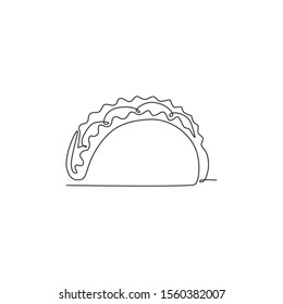 One single line drawing of fresh Mexican taco logo graphic vector illustration. Fast food Mexico cafe menu and restaurant badge concept. Modern continuous line draw design street food logotype