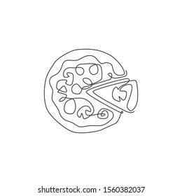 One single line drawing of fresh Italian pizzeria logo vector graphic art illustration. Fast food pizza cafe menu and restaurant badge concept. Modern continuous line draw design street food logotype
