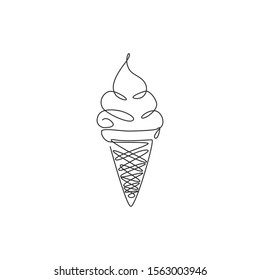 One single line drawing of fresh ice cream cone store logo graphic vector illustration. Icecream dessert cafe menu and restaurant badge concept. Modern continuous line draw design street food logotype