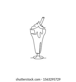 One single line drawing of fresh sweet milkshake with wafer stick logo vector illustration. Drink shop cafe menu and restaurant badge concept. Modern continuous line draw design street food logotype