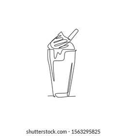 One single line drawing of fresh milkshake with whipped cream and wafer stick logo vector illustration. Cafe drink menu restaurant badge concept. Modern continuous line draw design drinking logotype