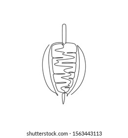 One single line drawing of fresh spicy Turkish kebab shop logo vector illustration. Traditional hot Turkey food cafe and restaurant badge concept. Modern continuous line draw menu food design logotype