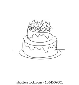 One single line drawing of fresh delicious home made birthday cake with candles above vector graphic illustration. Pastry confectionery badge concept. Modern continuous line draw design art