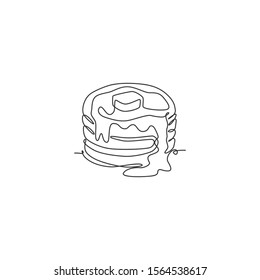 One single line drawing fresh stacked pancake with butter logo vector graphic illustration. Breakfast food cafe menu and restaurant badge concept. Modern continuous line draw design food shop logotype