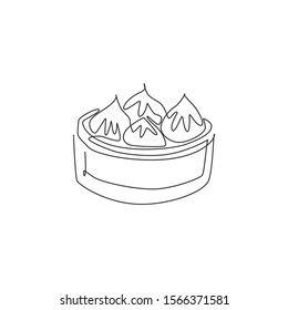 One single line drawing of fresh Chinese dumpling logo graphic vector illustration. Asian food cafe menu and restaurant badge concept. Modern continuous line draw design street food logotype