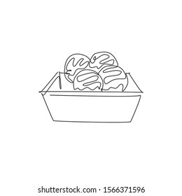 One single line drawing of fresh Japanese takoyaki ball logo vector graphic illustration. Seafood cafe menu and restaurant badge concept. Modern continuous line draw design street food logotype