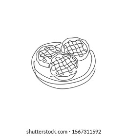 One single line drawing of fresh delicious traditional apple pie logo vector graphic illustration. Pastry cake food cafe menu and restaurant badge art concept. Modern continuous line draw design