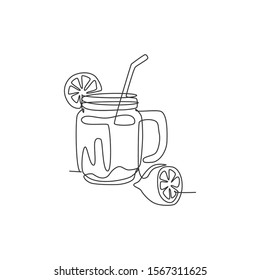 One single line drawing of fresh lemonade ice on jar glass with sliced lemon vector illustration graphic. Cafe menu and restaurant badge concept. Modern continuous line draw art design