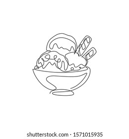 One Single Line Drawing Of Fresh Delicious Ice Cream Cup With Wafer Stick And Wafer Roll Vector Illustration. Dessert Menu Restaurant Concept. Modern Continuous Line Draw Design Street Food Logotype