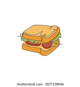 One single line drawing of fresh sandwich logo vector graphic art illustration. Hot dog fast food cafe menu and restaurant badge concept. Modern continuous line draw design street food logotype