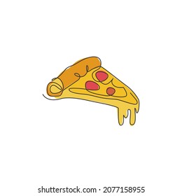 Dibujo de una sola línea de la pizzería italiana fresca logotipo vector ilustración. Pizzería de comida rápida menú café italiano y concepto de placa de restaurante. Diseño de traza continua moderna de línea de dibujo logotipo de comida callejera