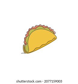 One single line drawing of fresh Mexican taco logo vector graphic illustration. Fast food cafe menu and Mexico restaurant badge concept. Modern continuous line draw design street food logotype