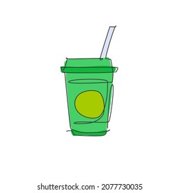 One single line drawing of fresh soft drink on plastic glass logo graphic vector illustration. Cafe menu and restaurant badge art concept. Modern continuous line draw design street food logotype