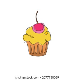 One single line drawing of fresh muffin with cherry cake online shop logo vector illustration. Sweet pastry cafe menu and restaurant badge concept. Modern continuous line draw design cookies logotype