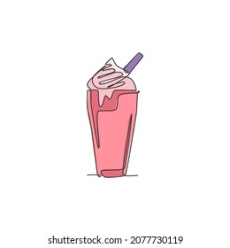 One single line drawing of fresh milkshake with whipped cream and wafer stick logo vector illustration. Cafe drink menu restaurant badge concept. Modern continuous line draw design drinking logotype