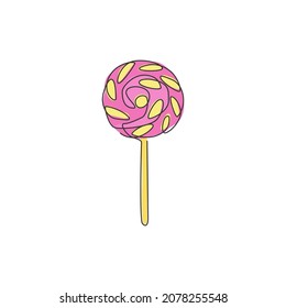 One single line drawing of fresh sweet online swirly lollipop shop logo vector illustration. Assorted confectionery candy store and badge concept. Modern continuous line draw design snack logotype