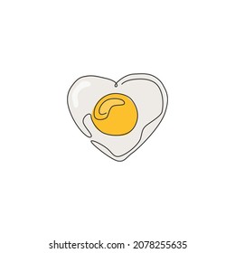 One single line drawing of fresh sunny side up egg with love shape logo vector illustration. Breakfast food cafe menu and restaurant badge concept. Modern continuous line draw design food logotype