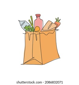 One single line drawing of fresh paper grocery bag contain milk, carrot, milk, bread inside vector illustration graphic. Staple food concept. Modern continuous line draw grocery store design