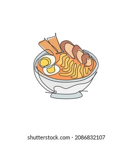 One single line drawing of fresh Japanese ramen logo graphic vector illustration. Fast food Japan noodle cafe menu and restaurant badge concept. Modern continuous line draw design street food logotype